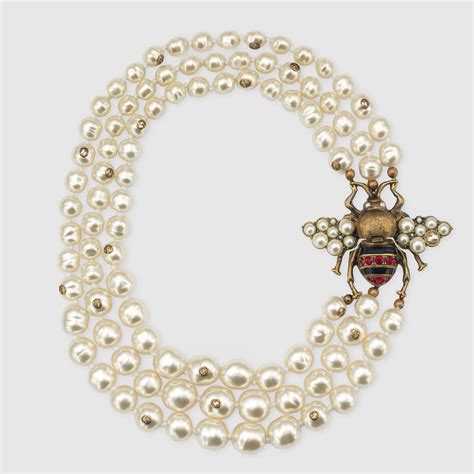 gucci pearl necklace with ribbon|designer bee necklace gucci.